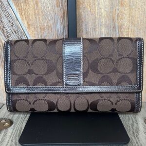 Coach Dark Brown Signature Fabric Canvas Leather Wallet